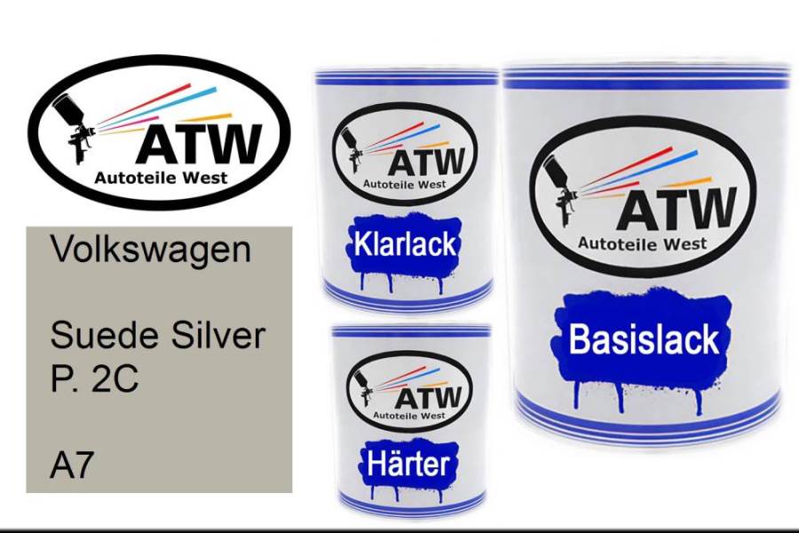 Volkswagen, Suede Silver P. 2C, A7: 1L Lackdose + 1L Klarlack + 500ml Härter - Set, von ATW Autoteile West.